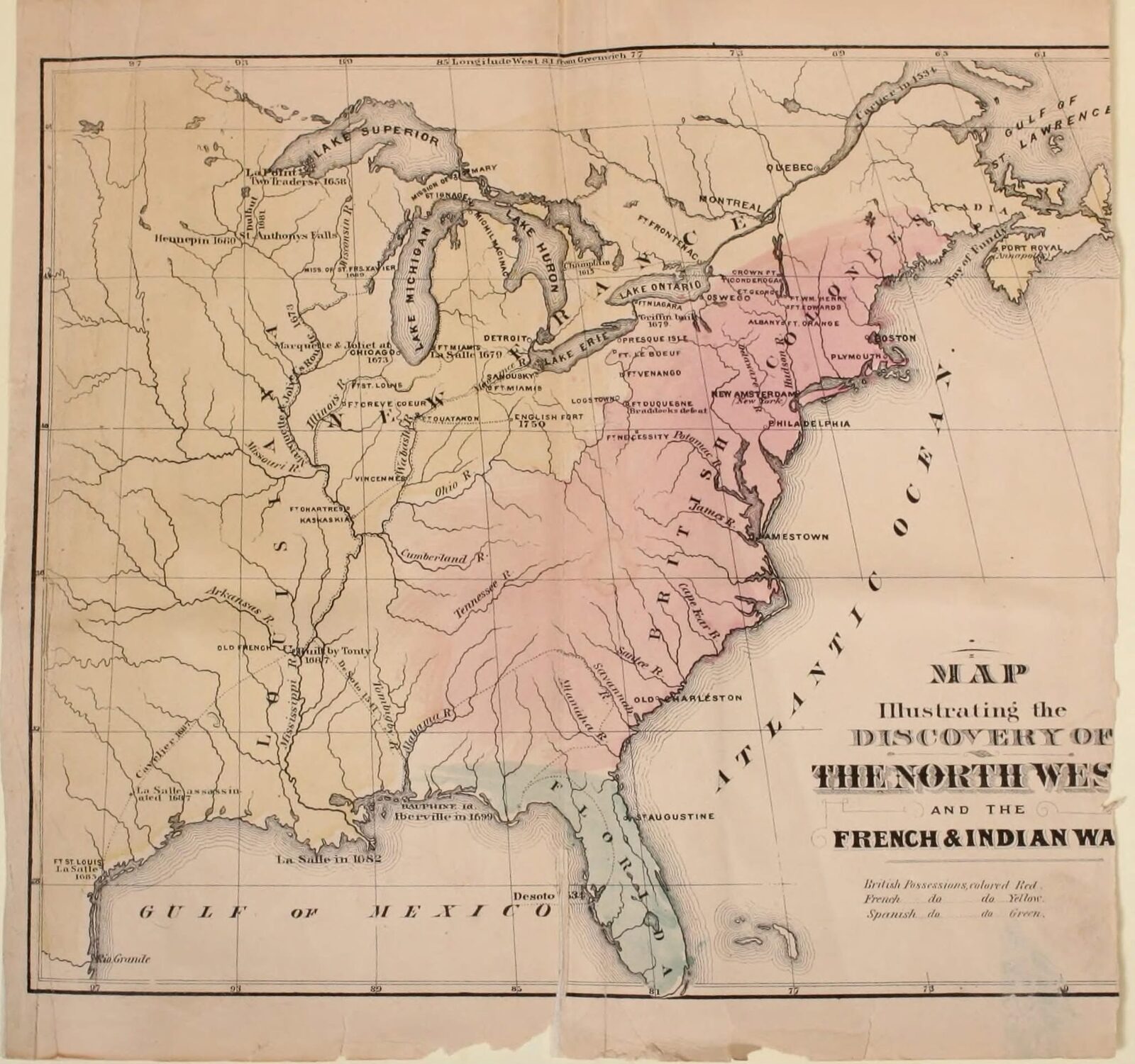 1763 map of French, Spanish, and British possessions
