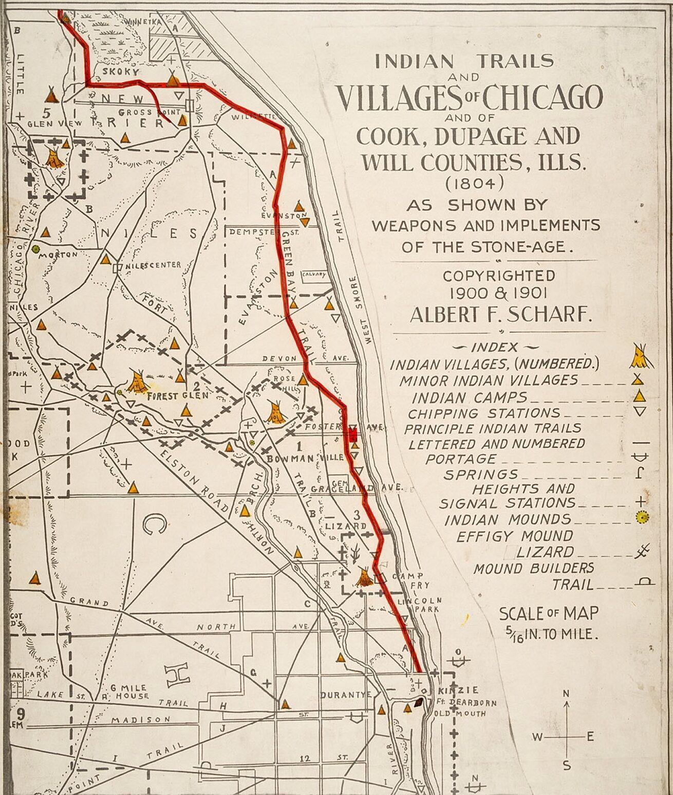 1901 map of Native American trails and villages near Chicago