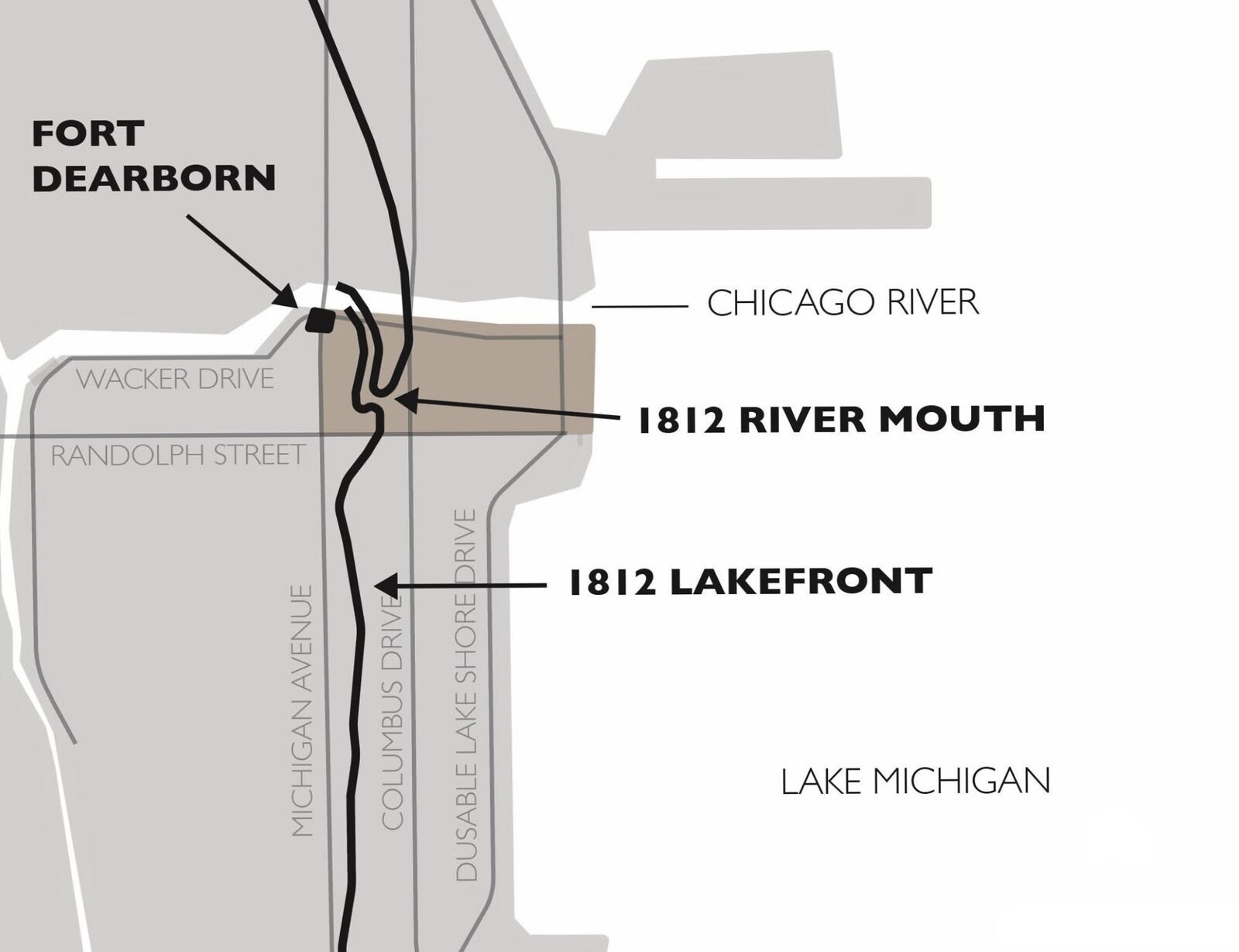 Map of Fort Dearborn against old and new lake shorelines