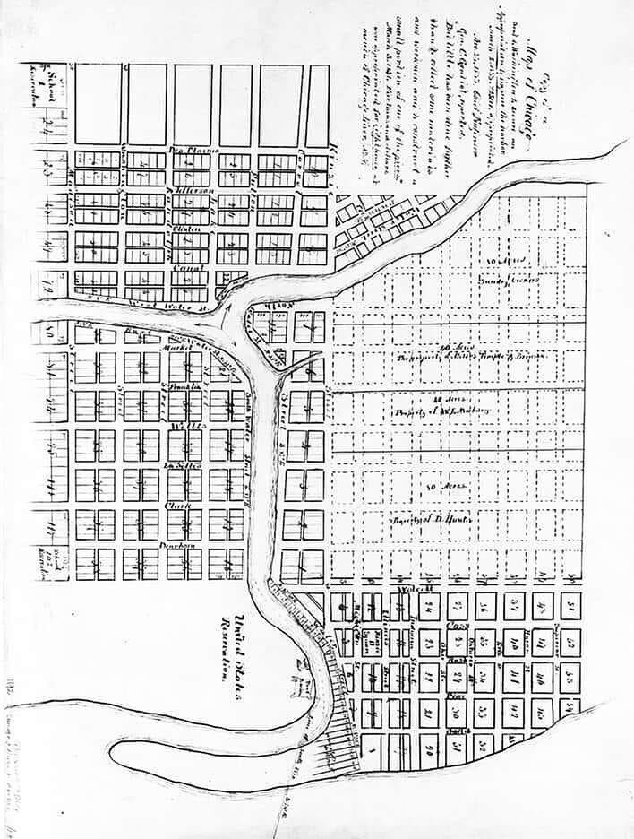 John Kinzie's 1833 plat map of Chicago