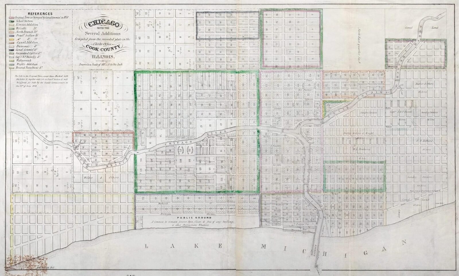 1836 Illinois and Michigan Canal Commission map of Chicago