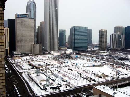 The Cliff Dwellers of Millennium Park under construction after a snowfall, 2004