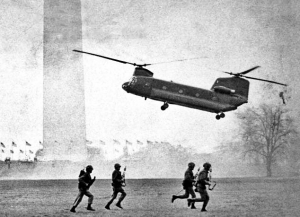 1971 Helicopter lands troops at the Washington Monument during the