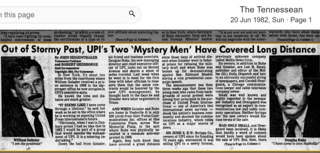 June 10, 1982 The Nashville Tennessean Article on Ruhe & Geisler's purchase of UPI