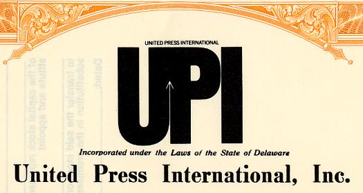 UPI Stock Certificate with Logo 1989
