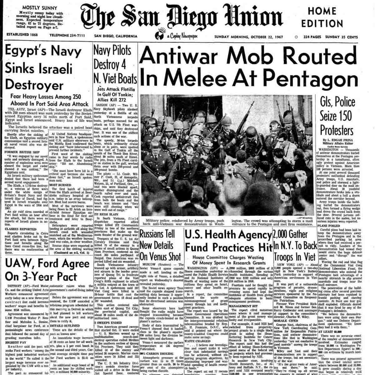 1967 March on the Pentagon Anti-War Protest Headline in the San Diego Union