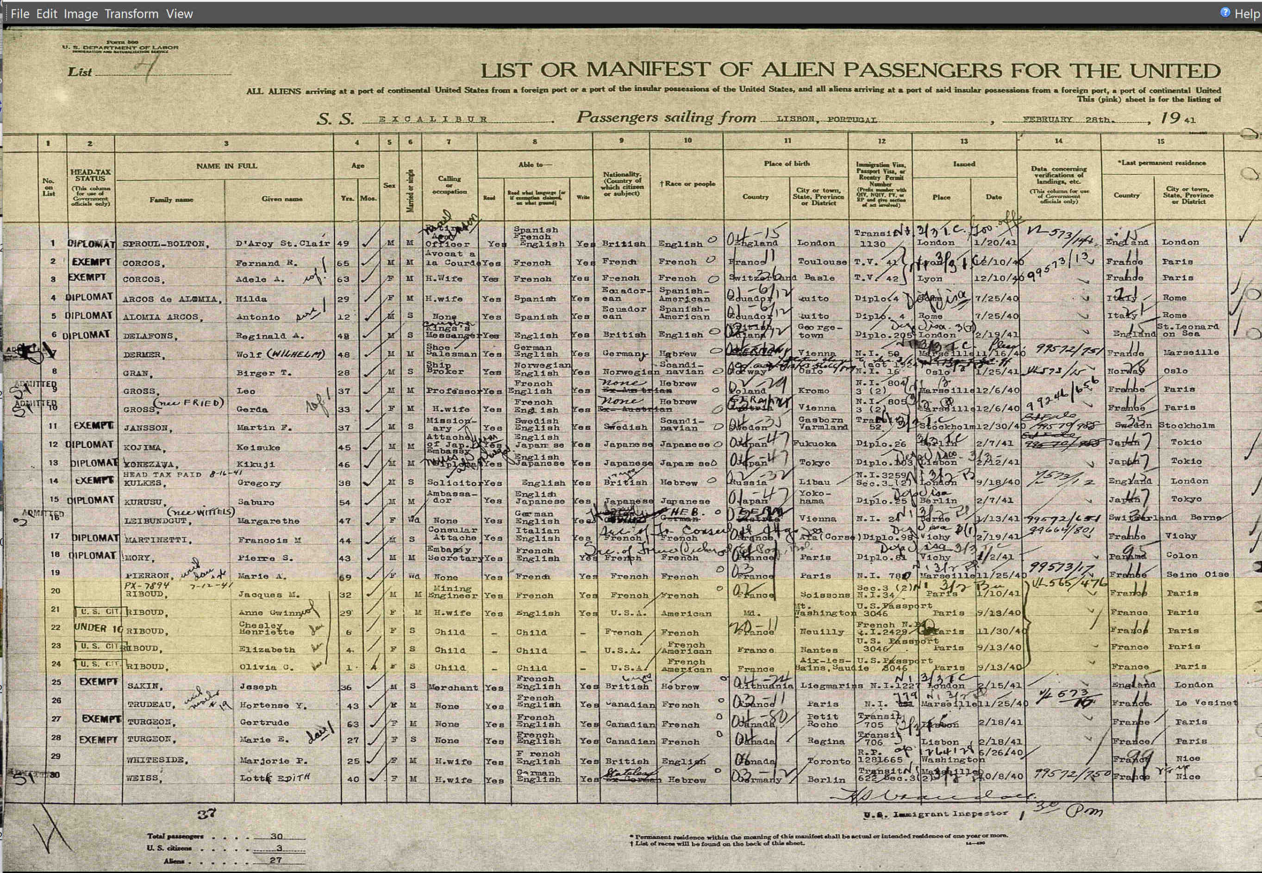28 février 1941, la famille Riboud arrive à Ellis Island
