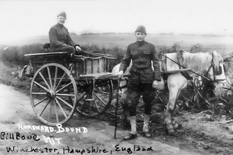 1918 Bill Bowe, Sr. homeward bound in horse cart in Winchester, England