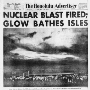 Honolulu Advertiser headline on nuclear test blast above Johnston Atoll