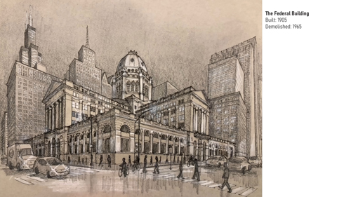 Ryan Chester Cliff Dweller event: Federal Building sketch old and new