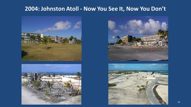 Diapositive 33 : 2004 : l’atoll Johnston, un coup on le voit, un coup on ne le voit plus